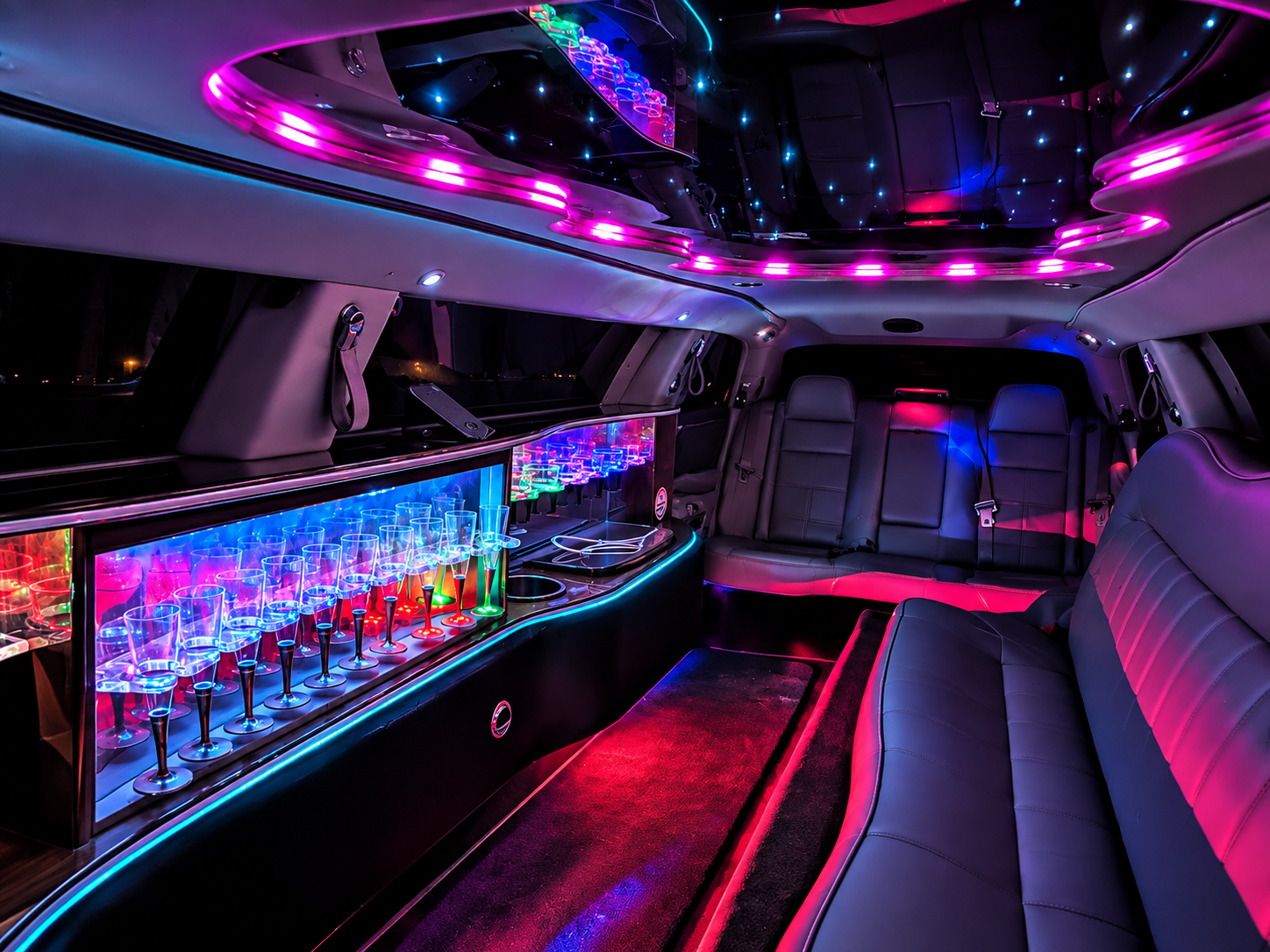 Wnętrze limuzyny Chrysler z podświetlanymi kieliszkami LED