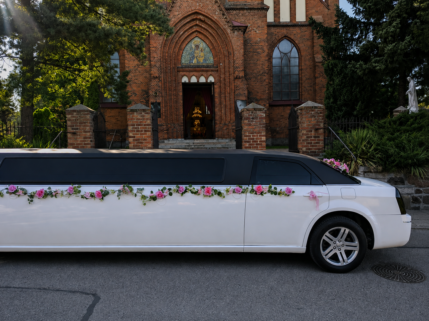 Bok limuzyny Chrysler z kwiatową girlandą przed wejściem do kościoła