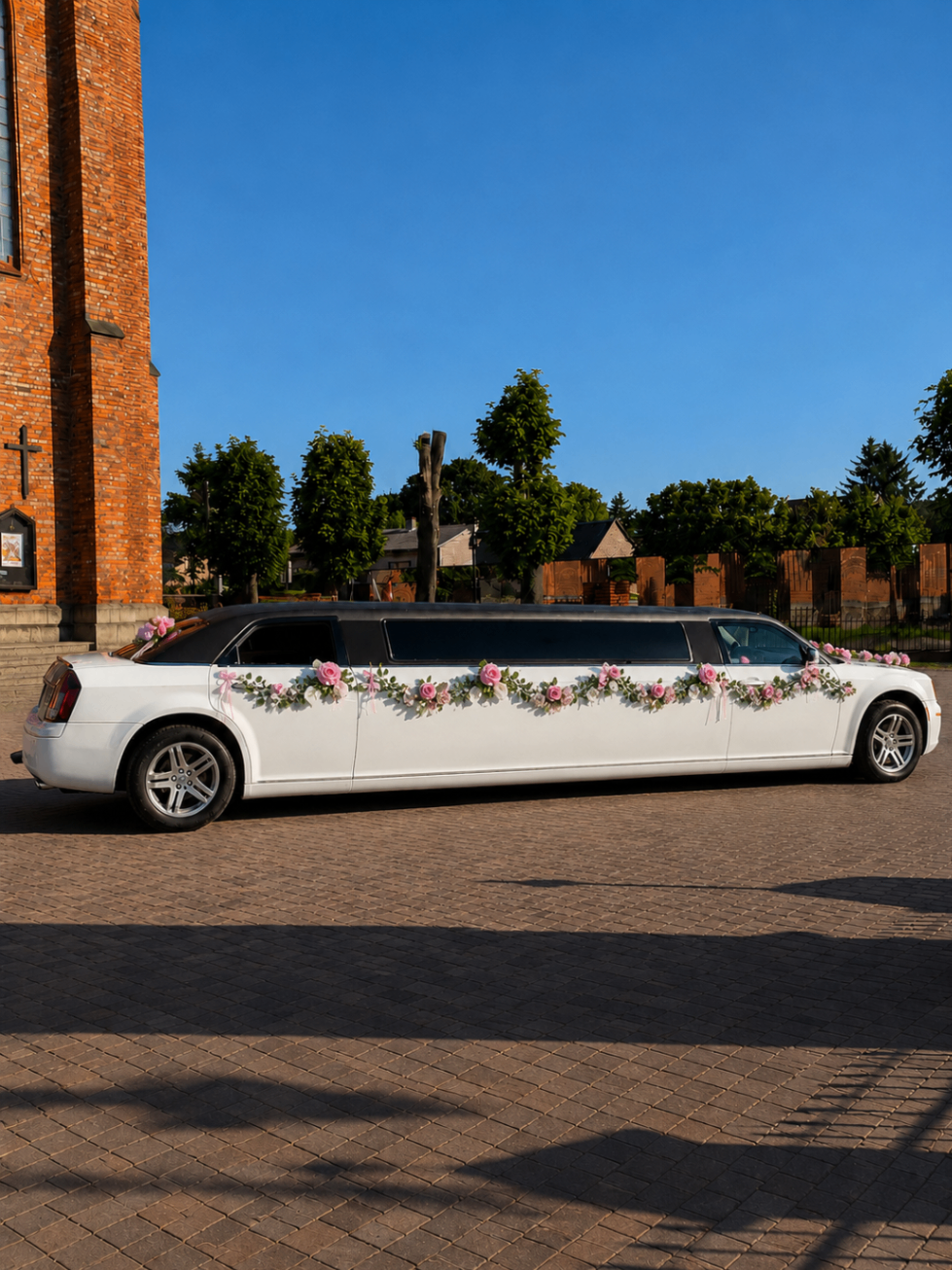 Chrysler limuzyna z kwiatami przy kościele