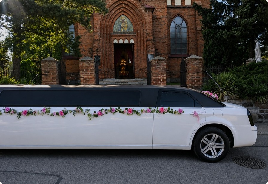 Limuzyna Chrysler z kwiatami przed ceglanym kościołem